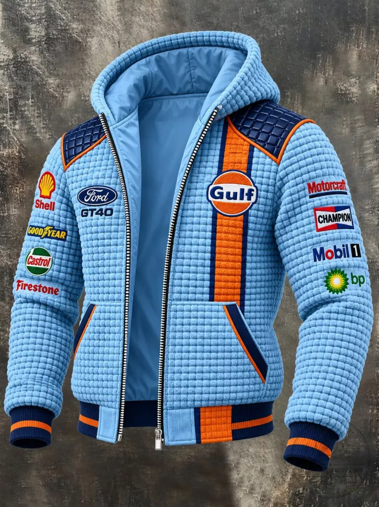 Gulf Ford GT40 Racing Team Blue Quilted Hoodie Jacket
