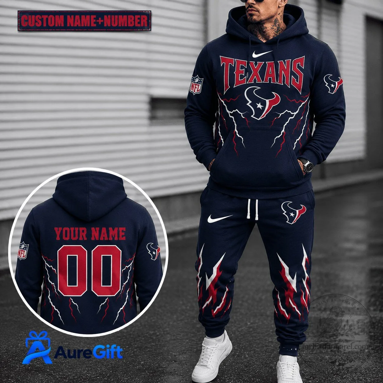 Houston Texans NFL Custom Name Number Lightning Bolt Hoodie Sweatshirt