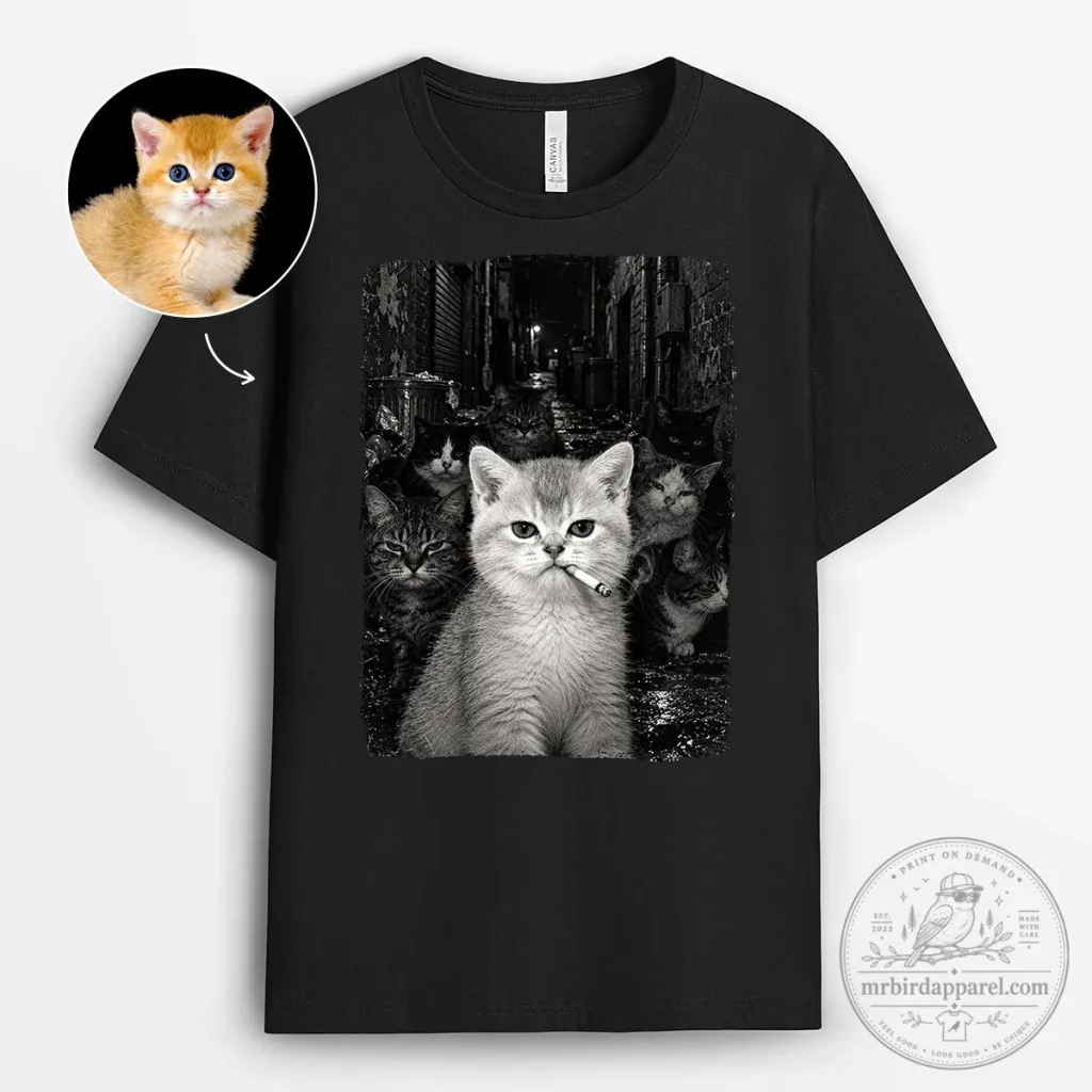Personalized Custom Pet Photo Kitten Gangster Cat Black T-Shirt Personalized Custom Pet Photo Kitten Gangster Cat Black T-Shirt