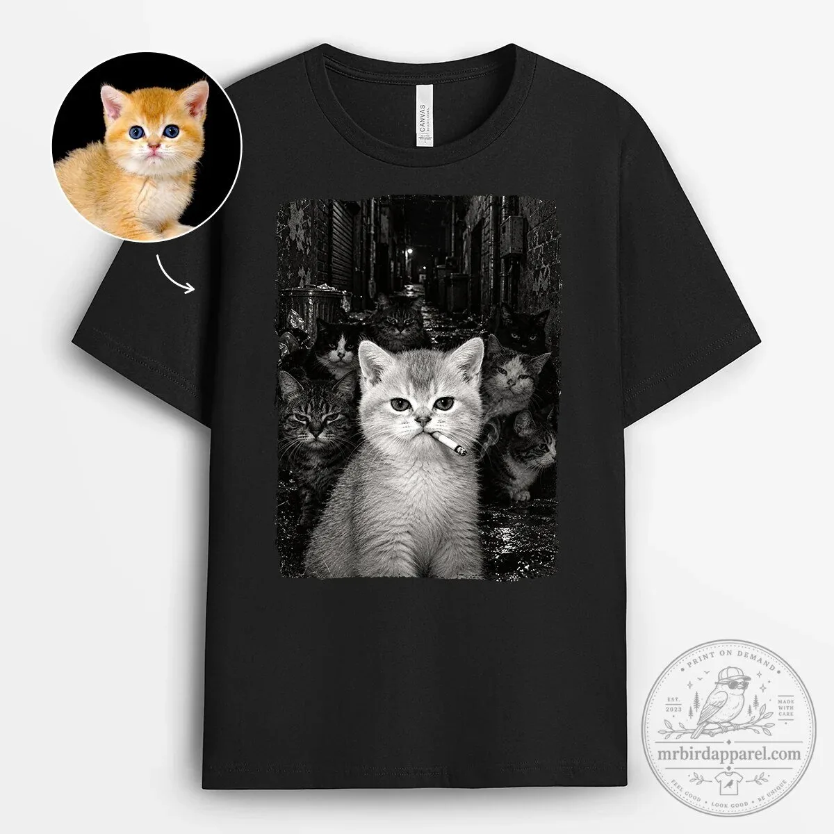 Personalized Custom Pet Photo Kitten Gangster Cat Black T-Shirt
