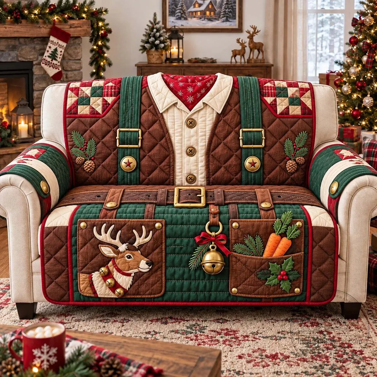Christmas Reindeer Stable Keeper Quilted Sofa Cover