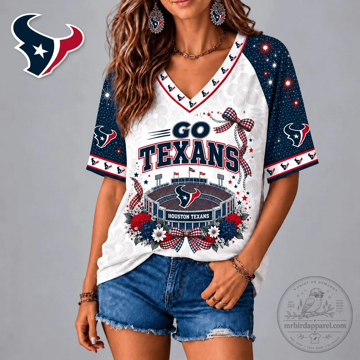 Houston Texans Patriotic Floral Stadium V-Neck T-Shirt 2 Houston Texans Patriotic Floral Stadium V-Neck T-Shirt