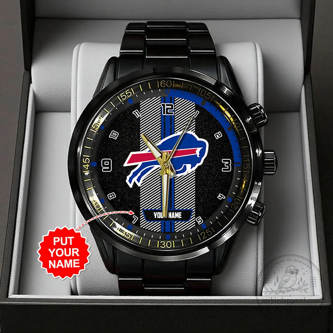 Buffalo Bills NFL Football Team Personalized Black Stainless Steel Watch