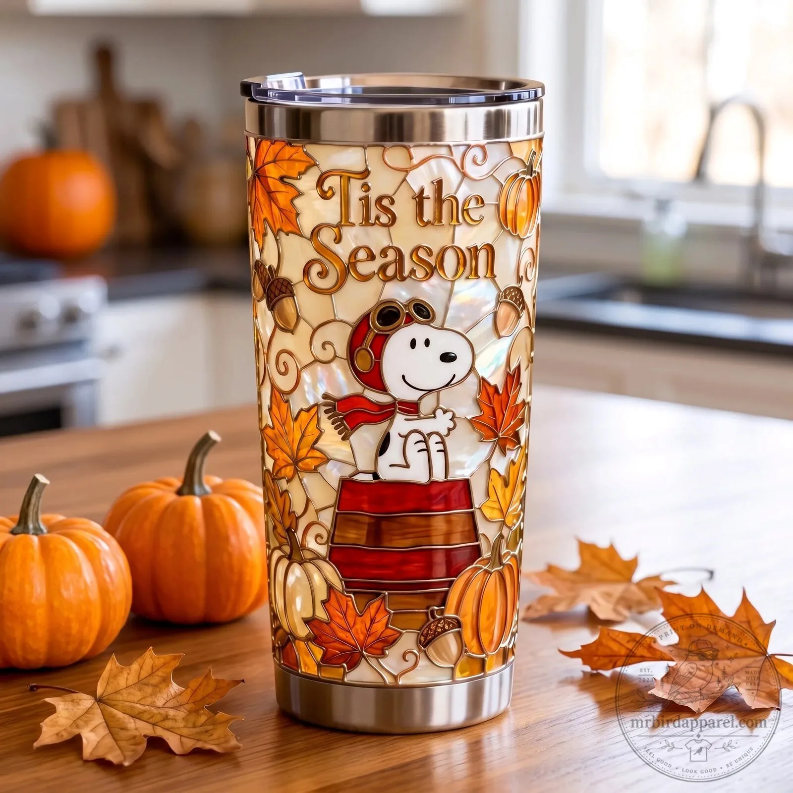 Snoopy Tis The Season Autumn Leaves Fall Harvest Insulated Tumbler