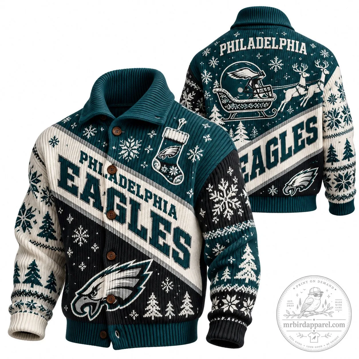 Ugly Sweater Cardigan for Christmas Featuring Philadelphia Eagles Design