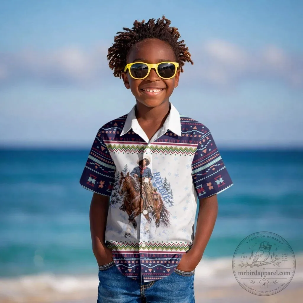 Nat Love African American Cowboy Western Fair Isle Pattern Kids Hawaiian Shirt
