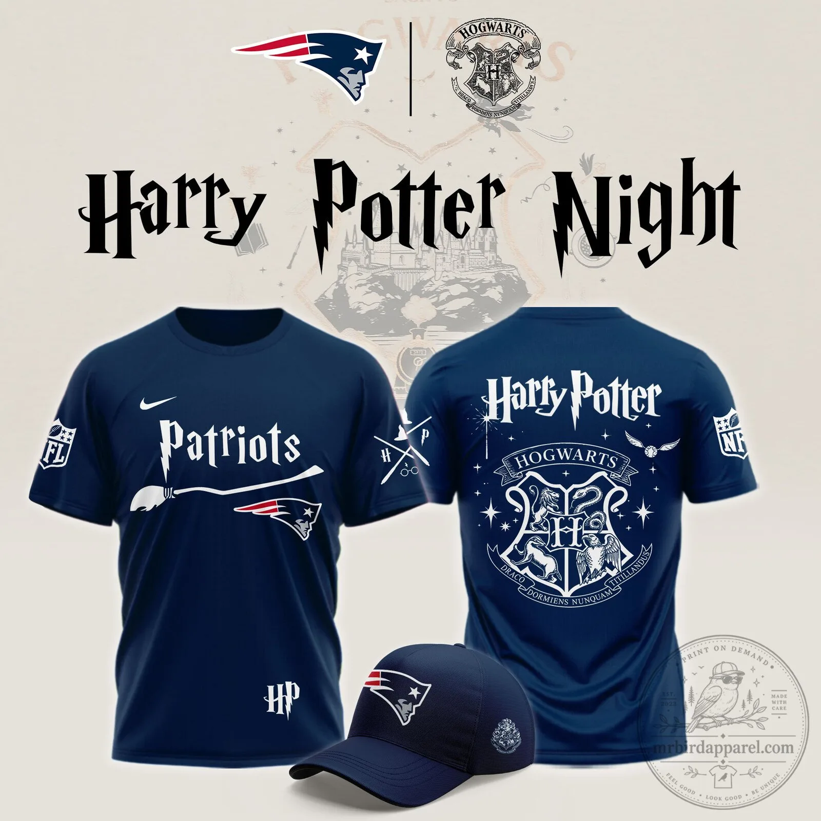 New England Patriots Harry Potter Night Hogwarts Crest Navy Blue T-Shirt