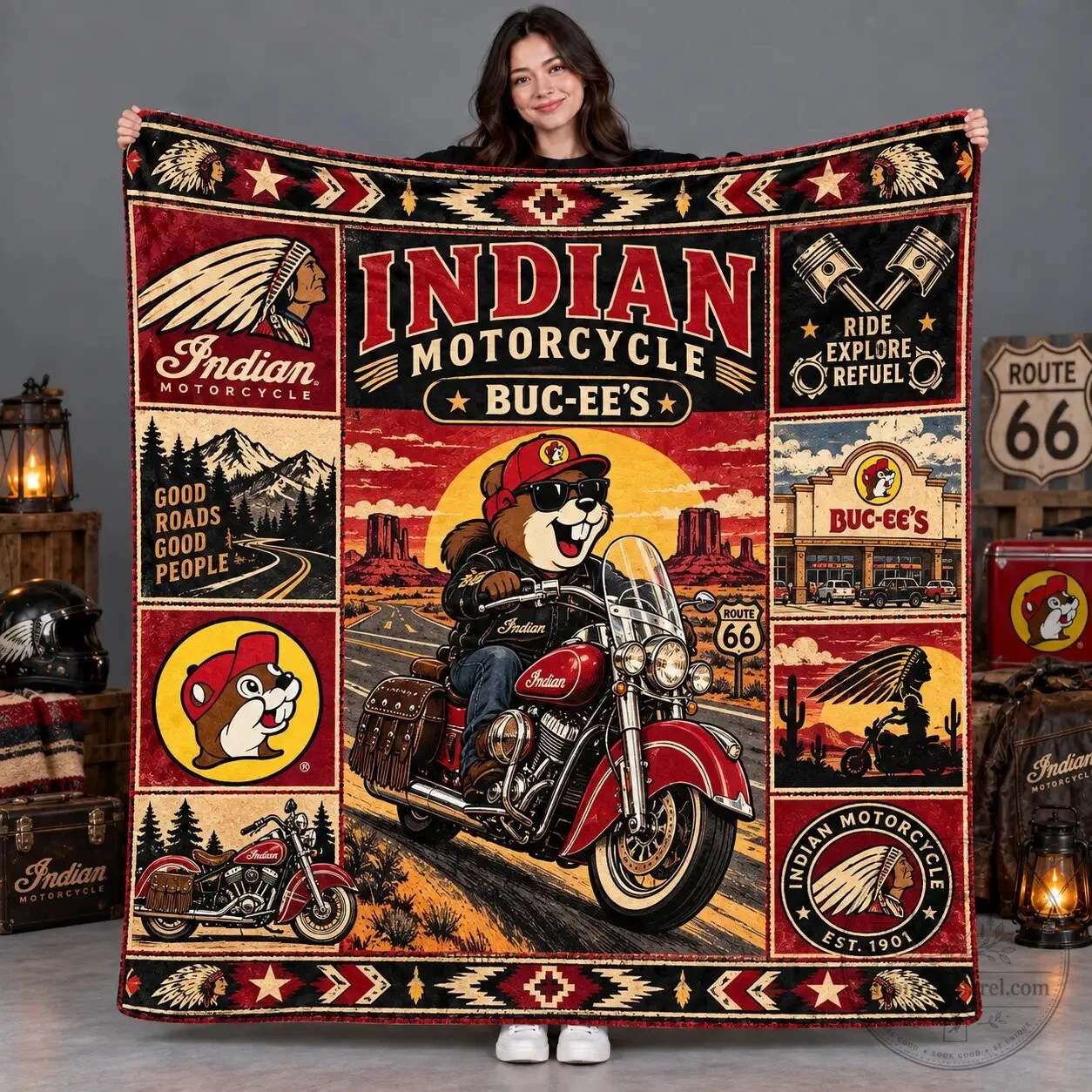 Indian Motorcycle Buc-ee's Route 66 Sunset Rides Fleece Blanket