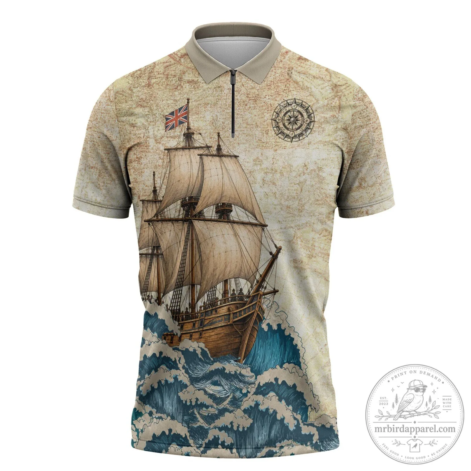 Mayflower Descendant Ship Vintage Nautical Map Ocean Waves Zipper Polo Shirt