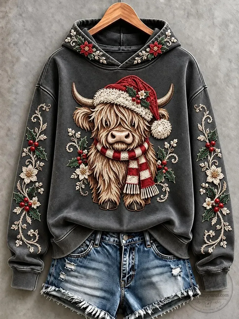Christmas Highland Cow with Santa Hat and Scarf Embroidered Hoodie
