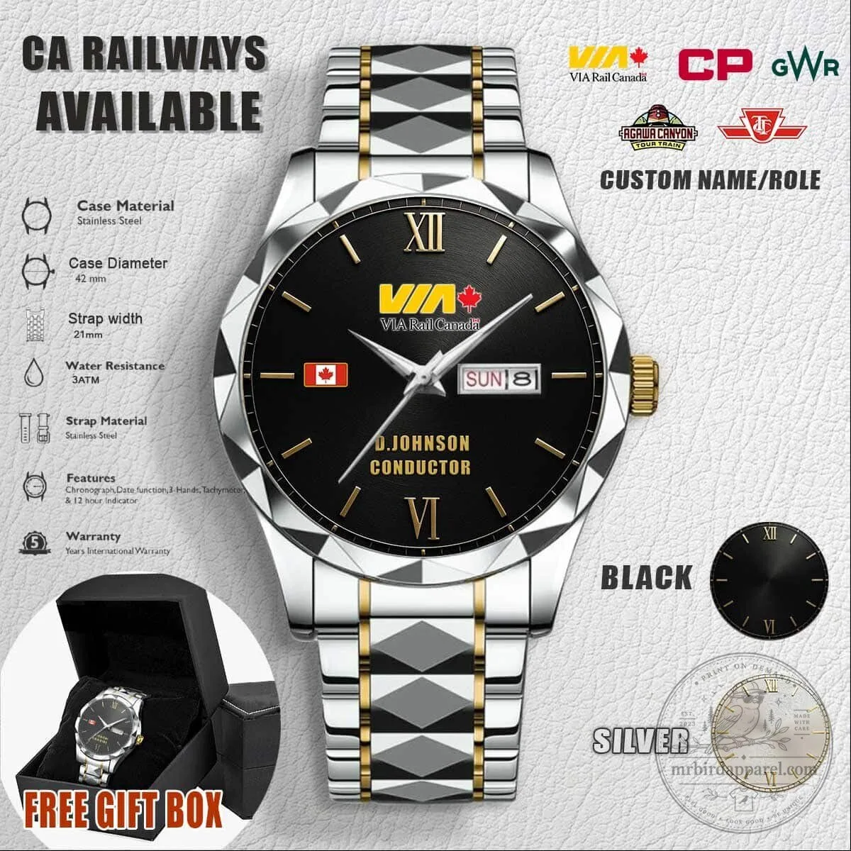 Canadian Railways VIA Rail Canada Stainless Steel Custom Name Watch