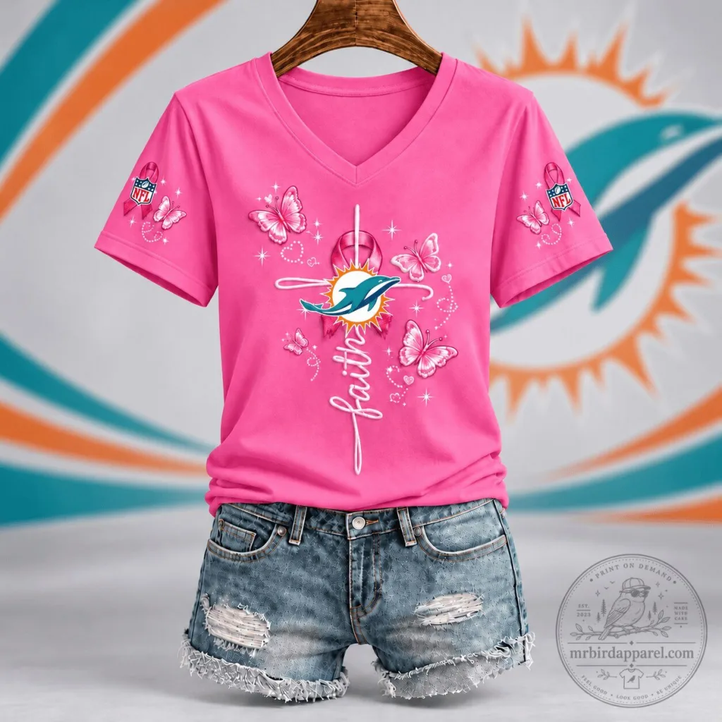 Miami Dolphins Faith Hope Love Breast Cancer Awareness Pink V-Neck T-Shirt Miami Dolphins Faith Hope Love Breast Cancer Awareness Pink V-Neck T-Shirt