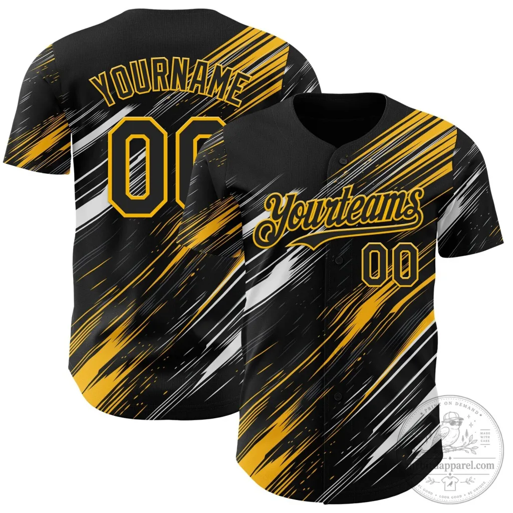 Custom Black Gold White Diagonal Scratch Brush Stroke Authentic Baseball Jersey Custom Black Gold White Diagonal Scratch Brush Stroke Authentic Baseball Jersey