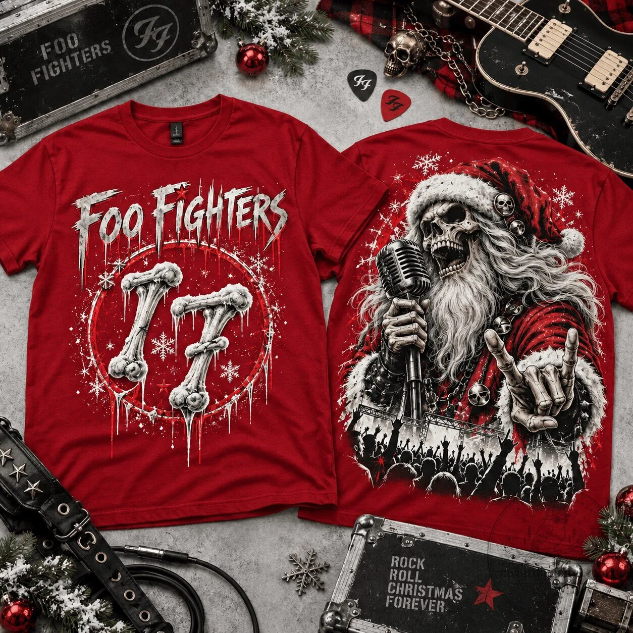 Foo Fighters Skeleton Santa Christmas Rock Band T-Shirt