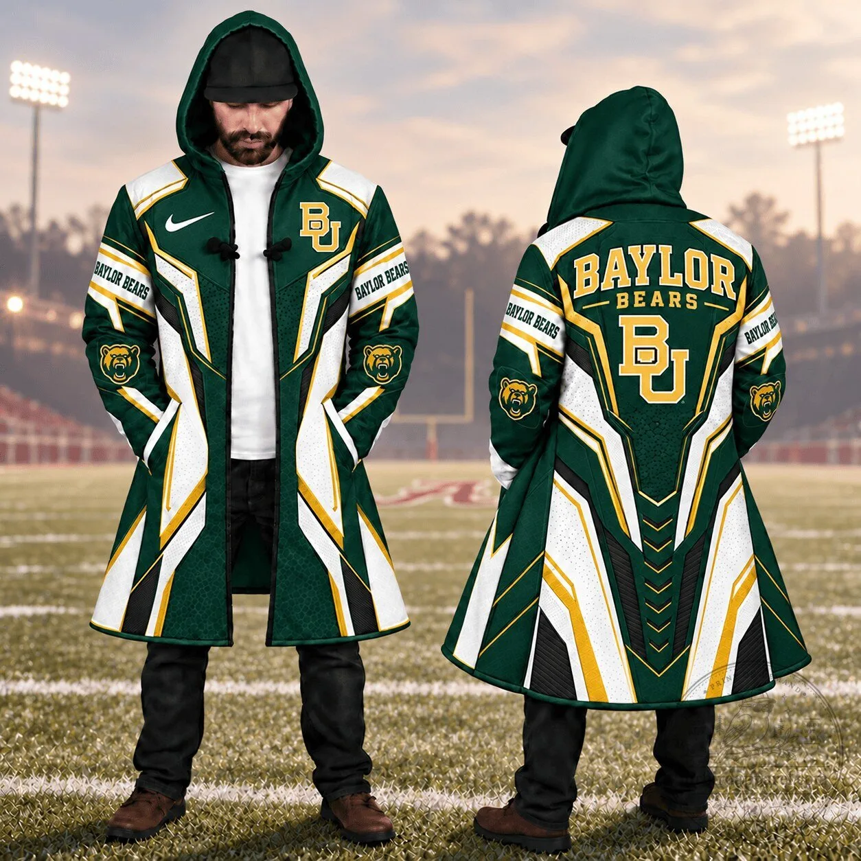 Baylor Bears NCAA Football Team Mascot Logo Design Longline Hooded Jacket