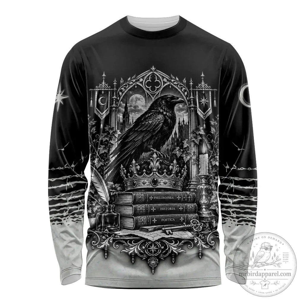 Gothic Raven Crown and Books Dark Academia Aesthetic Long Sleeve Shirt