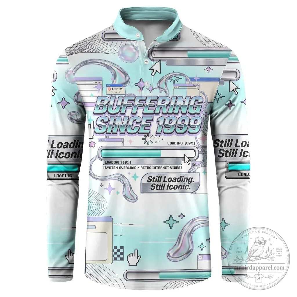 Long Sleeve Polo Shirt with Retro Internet Vibes, Buffering Since 1999