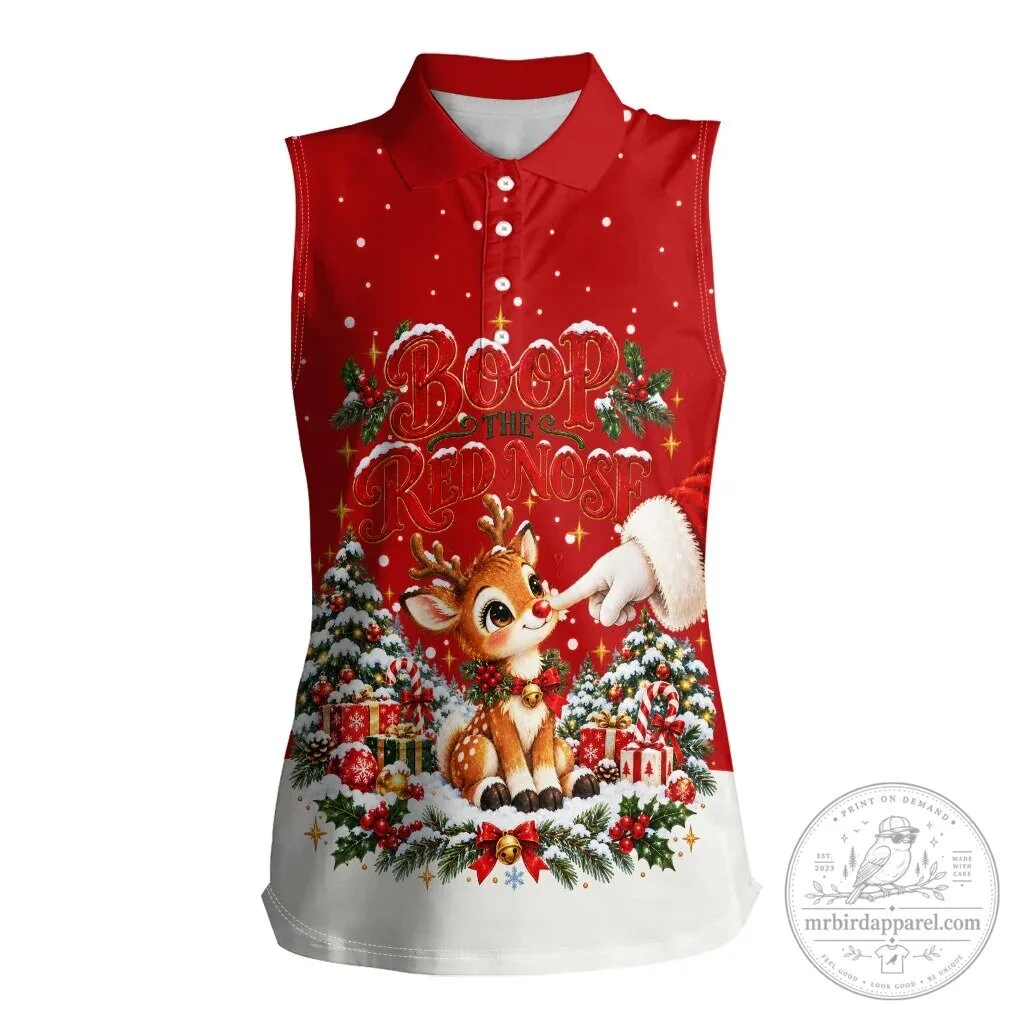 Cute Reindeer Boop The Red Nose Christmas Sleeveless Polo Shirt