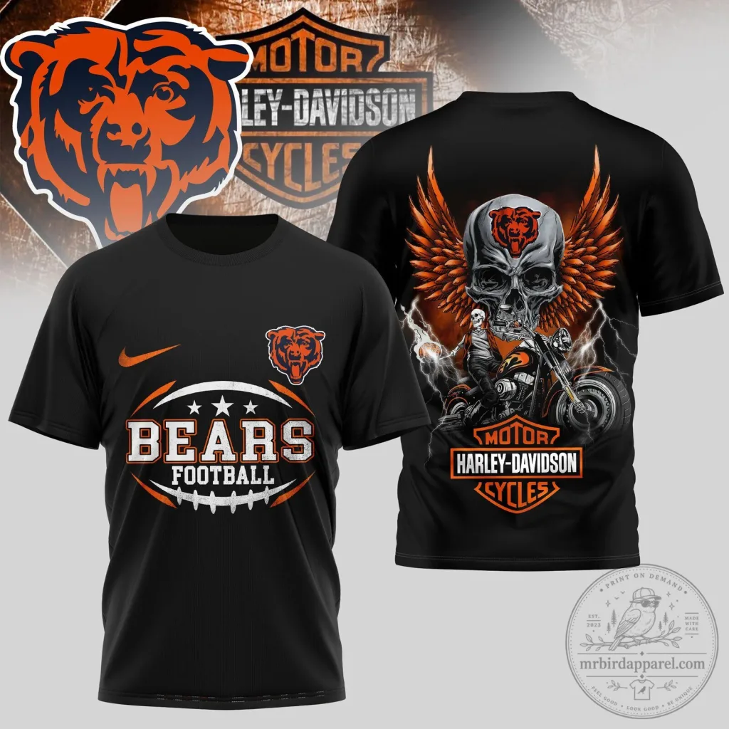 Chicago Bears NFL Harley Davidson Motorcycle Skull Wings Graphic T-Shirt Chicago Bears NFL Harley Davidson Motorcycle Skull Wings Graphic T-Shirt