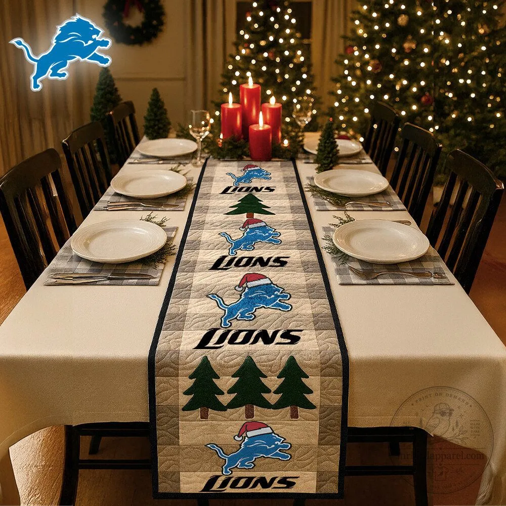 Detroit Lions NFL Quilted Christmas Table Runner with Holiday Trees