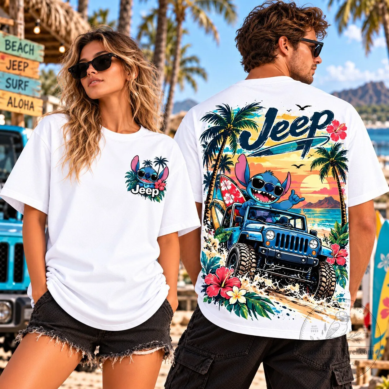Jeep Stitch Tropical Surf Sunset Adventure White T-Shirt 5 Jeep Stitch Tropical Surf Sunset Adventure White T-Shirt