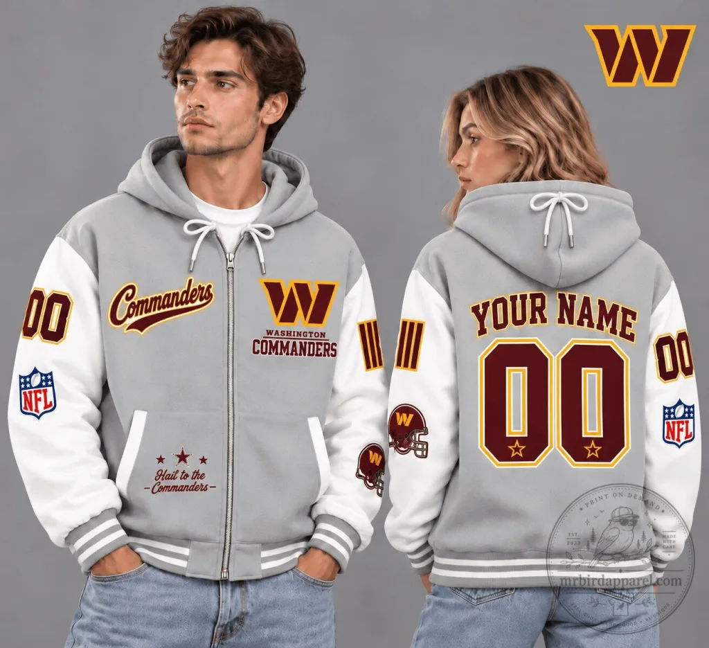 Washington Commanders NFL Vintage Varsity Gray Custom Name Number Hoodie Washington Commanders NFL Vintage Varsity Gray Custom Name Number Hoodie