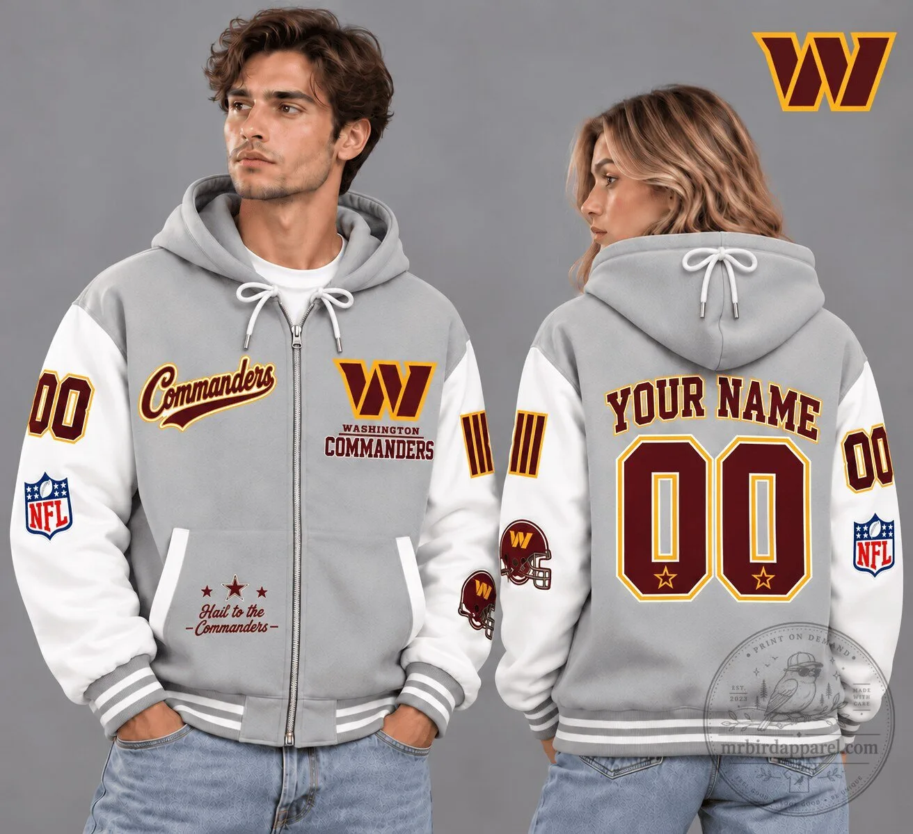 Washington Commanders NFL Vintage Varsity Gray Custom Name Number Hoodie