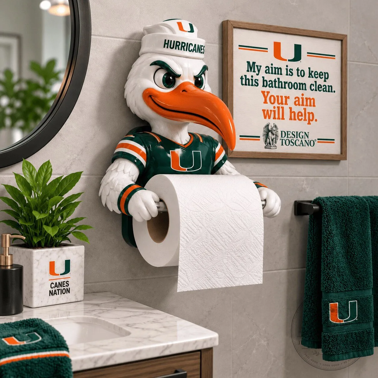 Miami Hurricanes Sebastian the Ibis Mascot Toilet Paper Holder