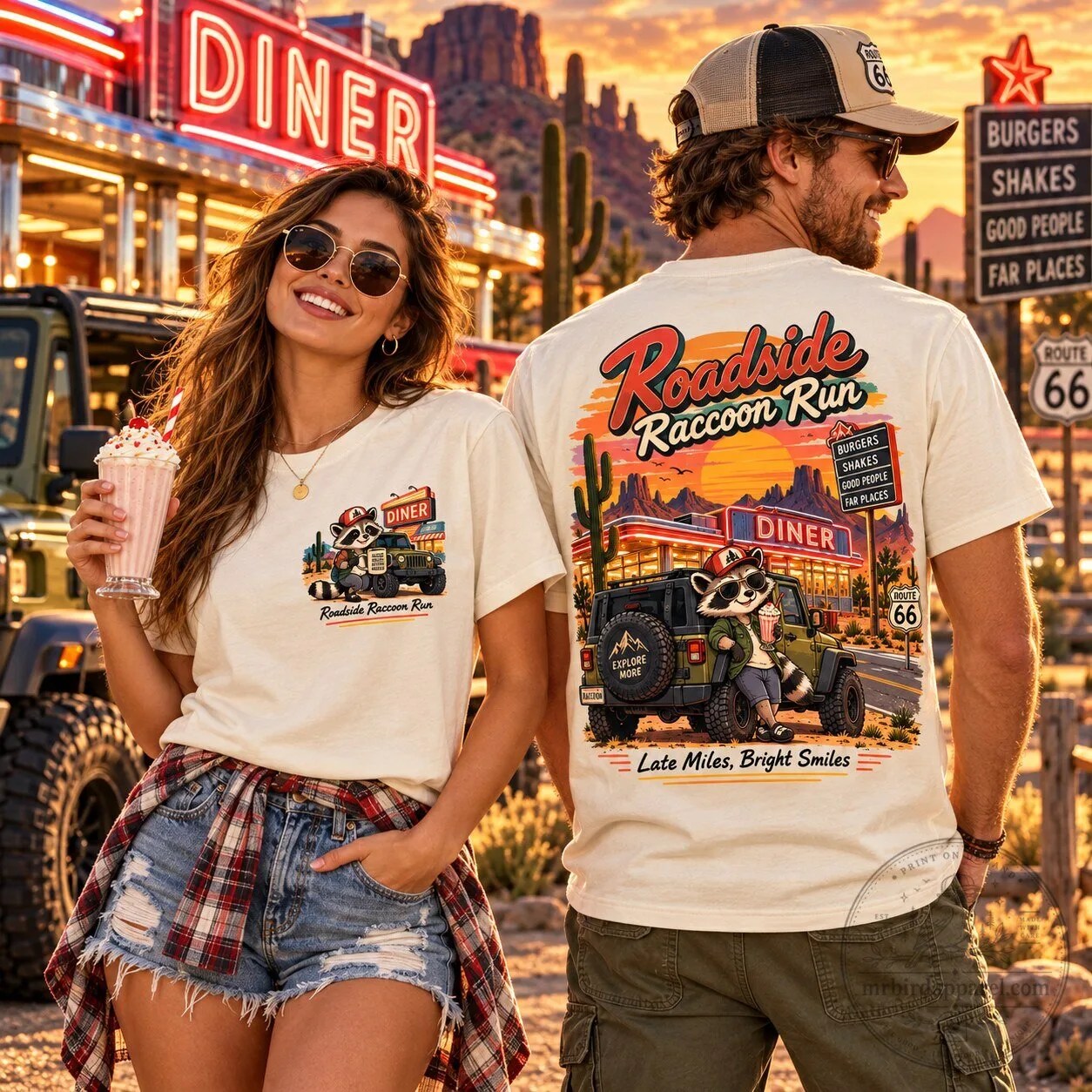 Roadside Raccoon Run Retro Diner Route 66 Adventure Graphic T-Shirt