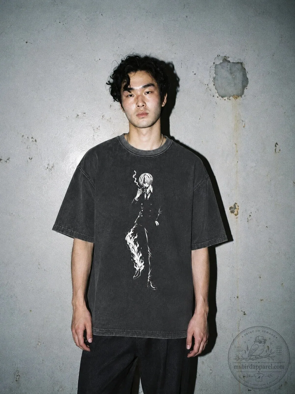 One Piece Sanji Smoke and Flame Leg Vintage Washed Graphic T-Shirt