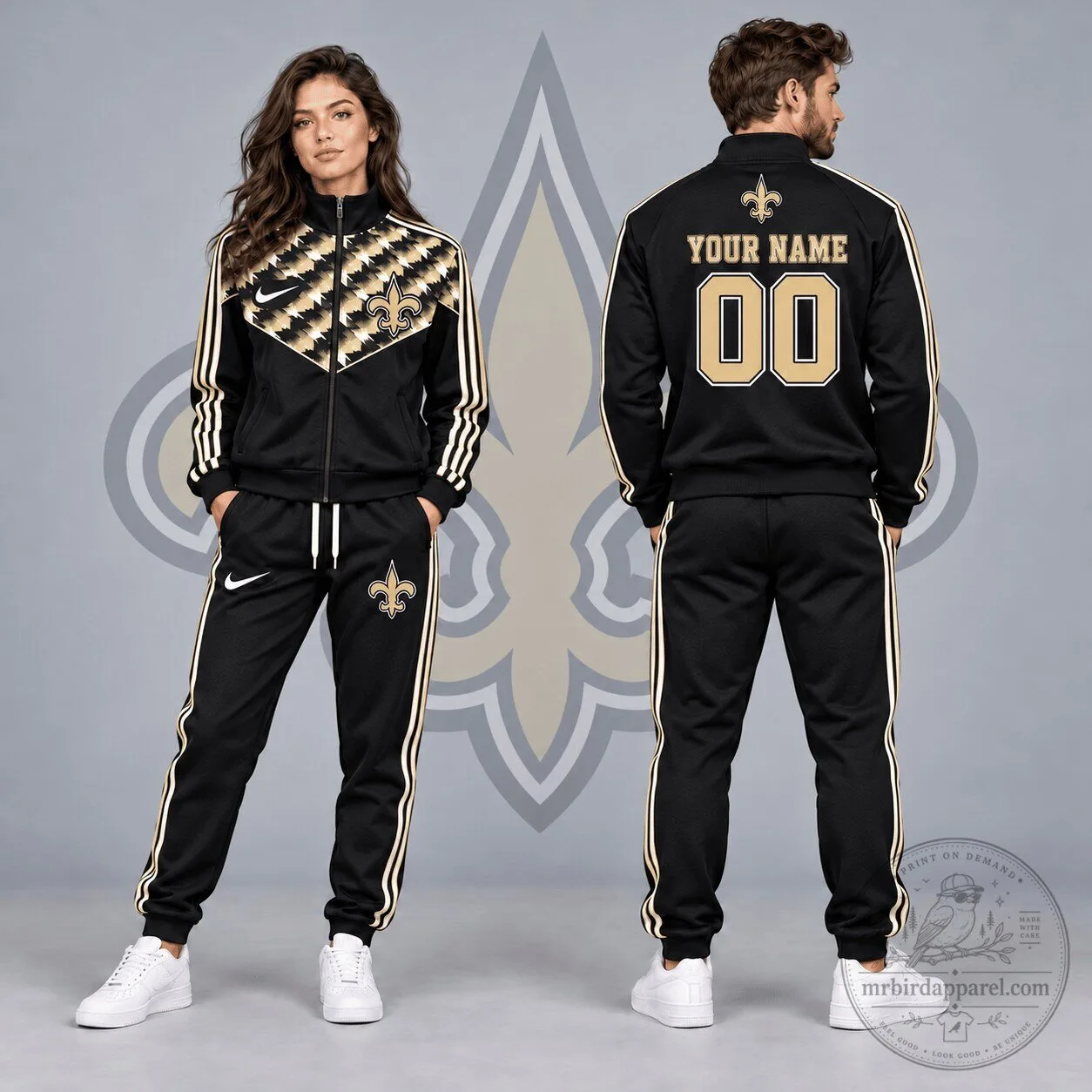 New Orleans Saints Custom Name Number Black Gold Chevron Full Zip Tracksuit Jacket