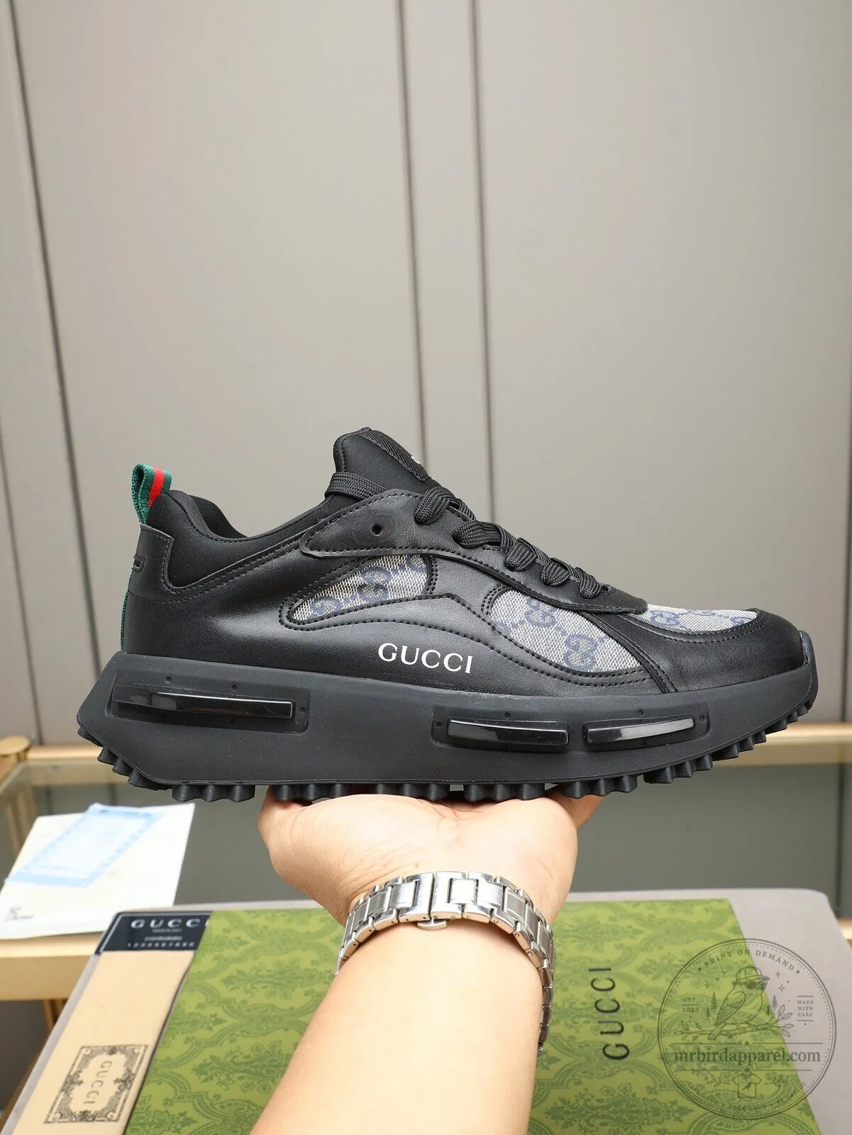 Gucci Black Leather Monogrammed Fashion Sneakers for Men and Women