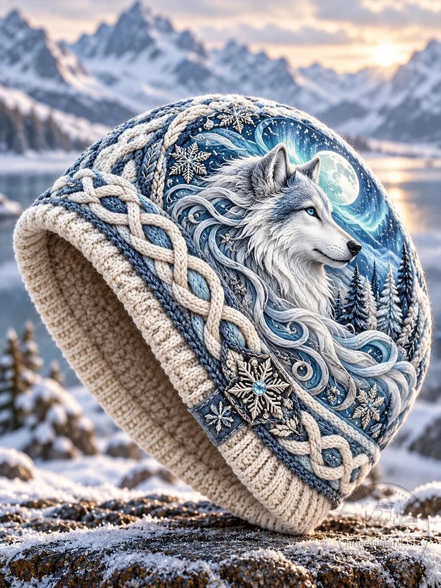 Winter Wolf Full Moon Snowflakes Knitted Beanie Hat
