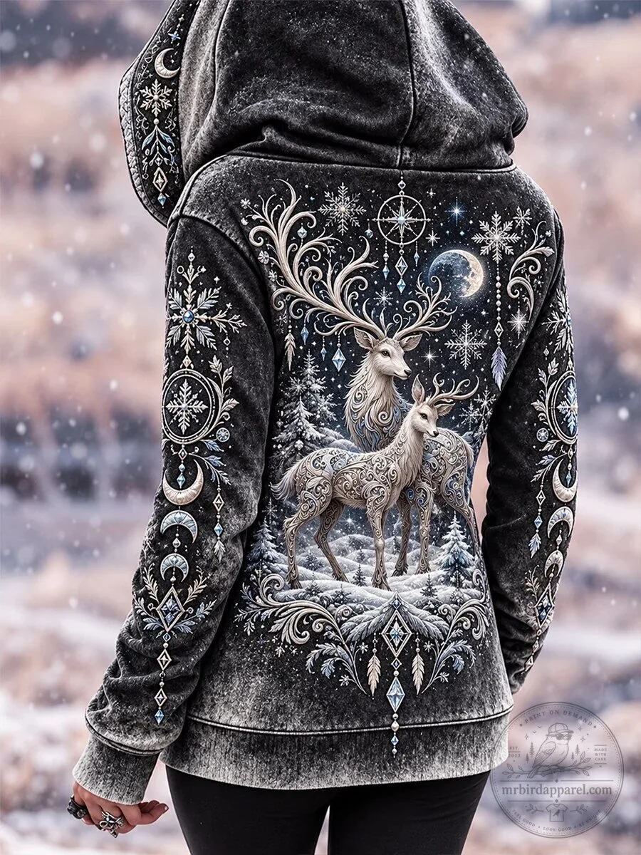 Winter Deer Forest Snowflakes Crescent Moon Mystical Animal Hoodie 3 Winter Deer Forest Snowflakes Crescent Moon Mystical Animal Hoodie