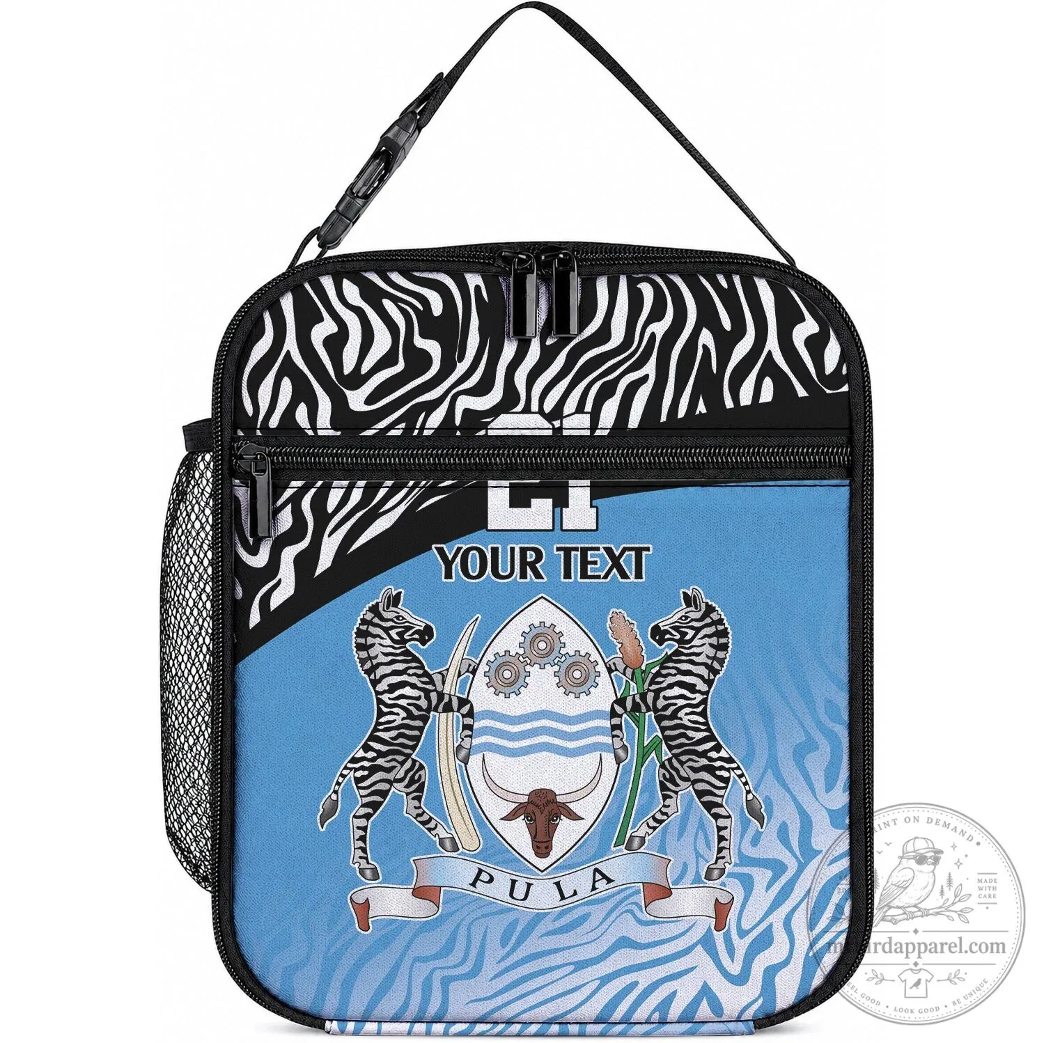 Botswana Flag Zebra Skin Pattern Insulated Lunch Bag with Custom Text 6 Botswana Flag Zebra Skin Pattern Insulated Lunch Bag with Custom Text