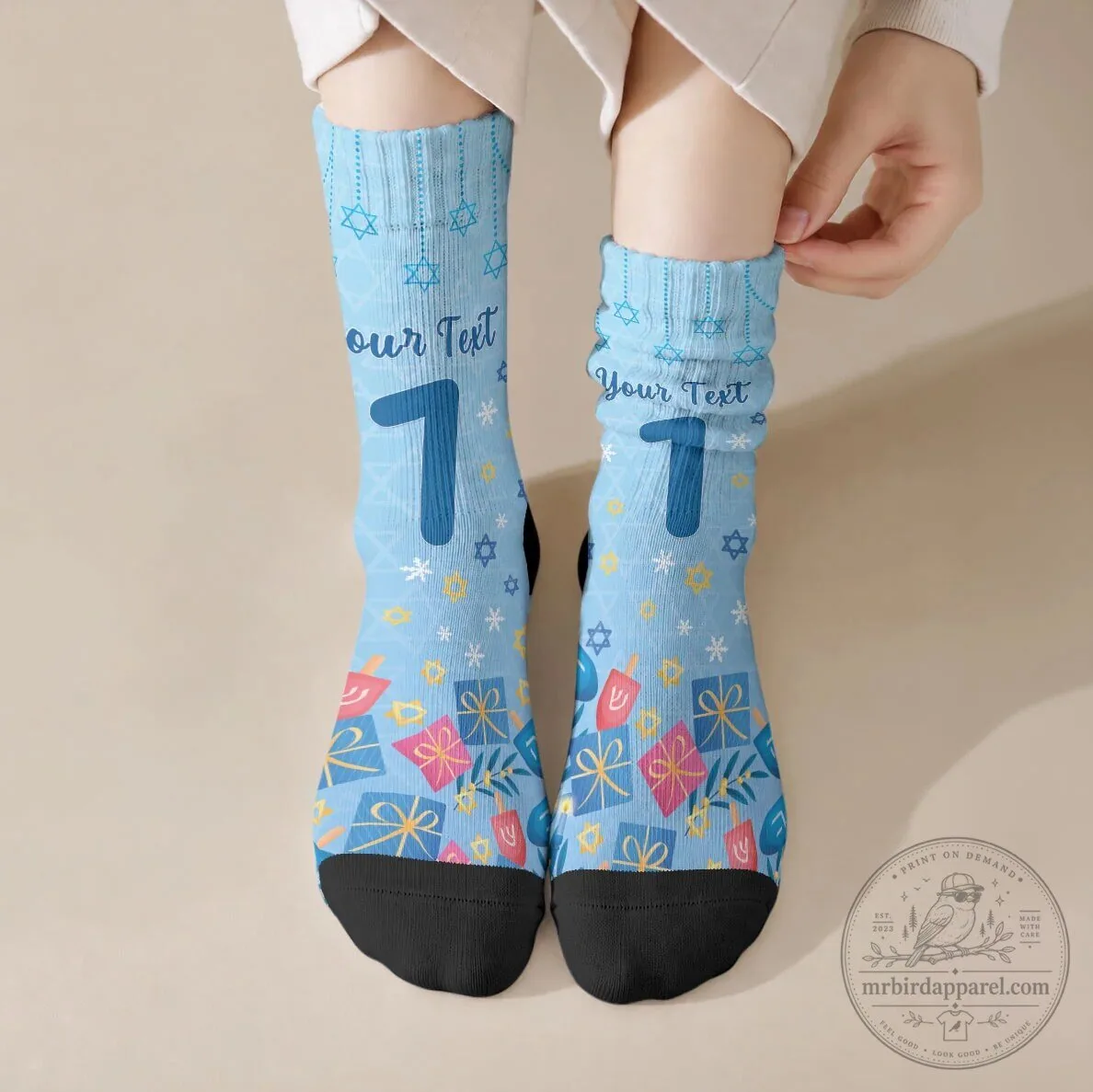 My First Hanukkah Personalized Crew Socks Menorah Dreidels Star of David Blue