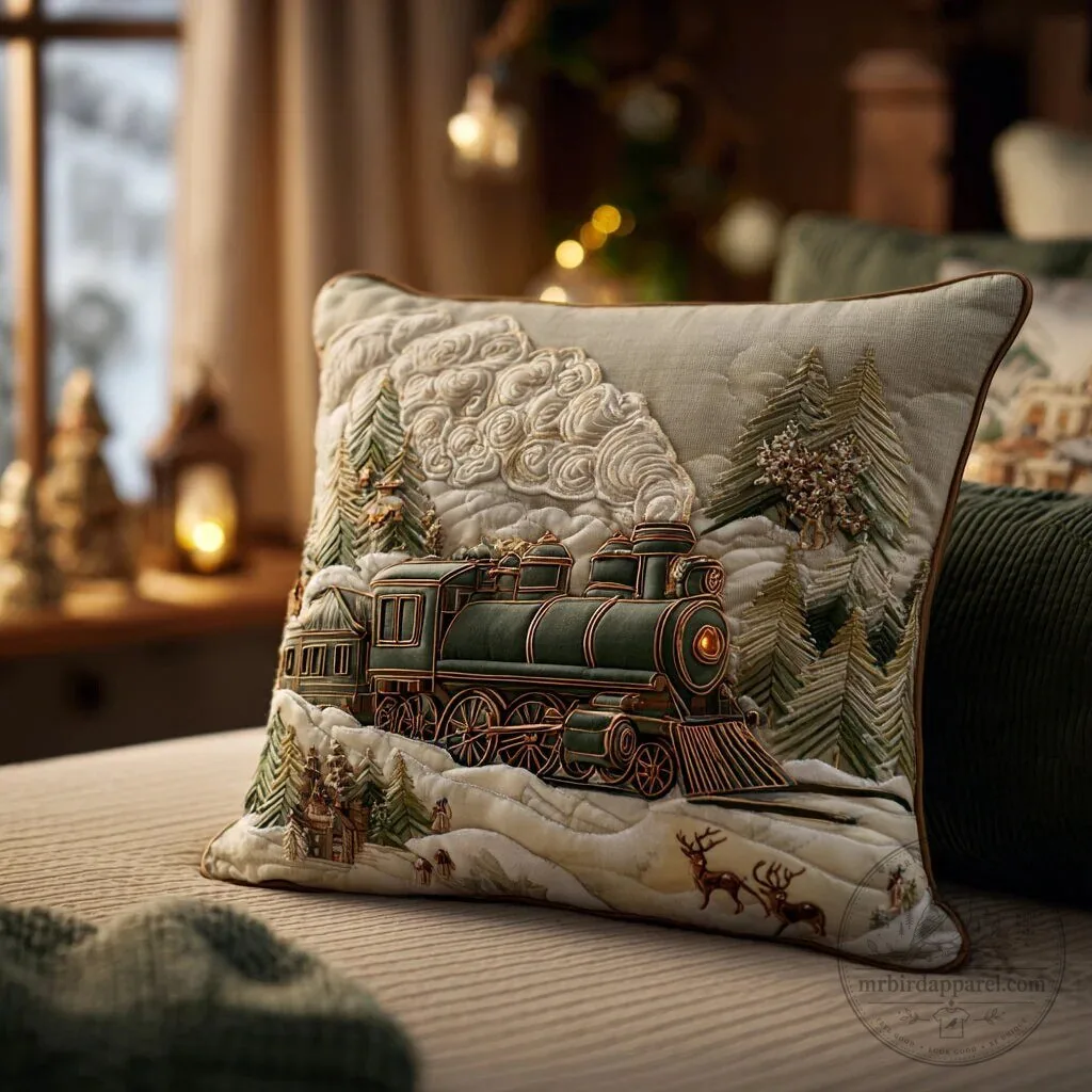 Christmas Yuletide Locomotive Quilted Pillow Case