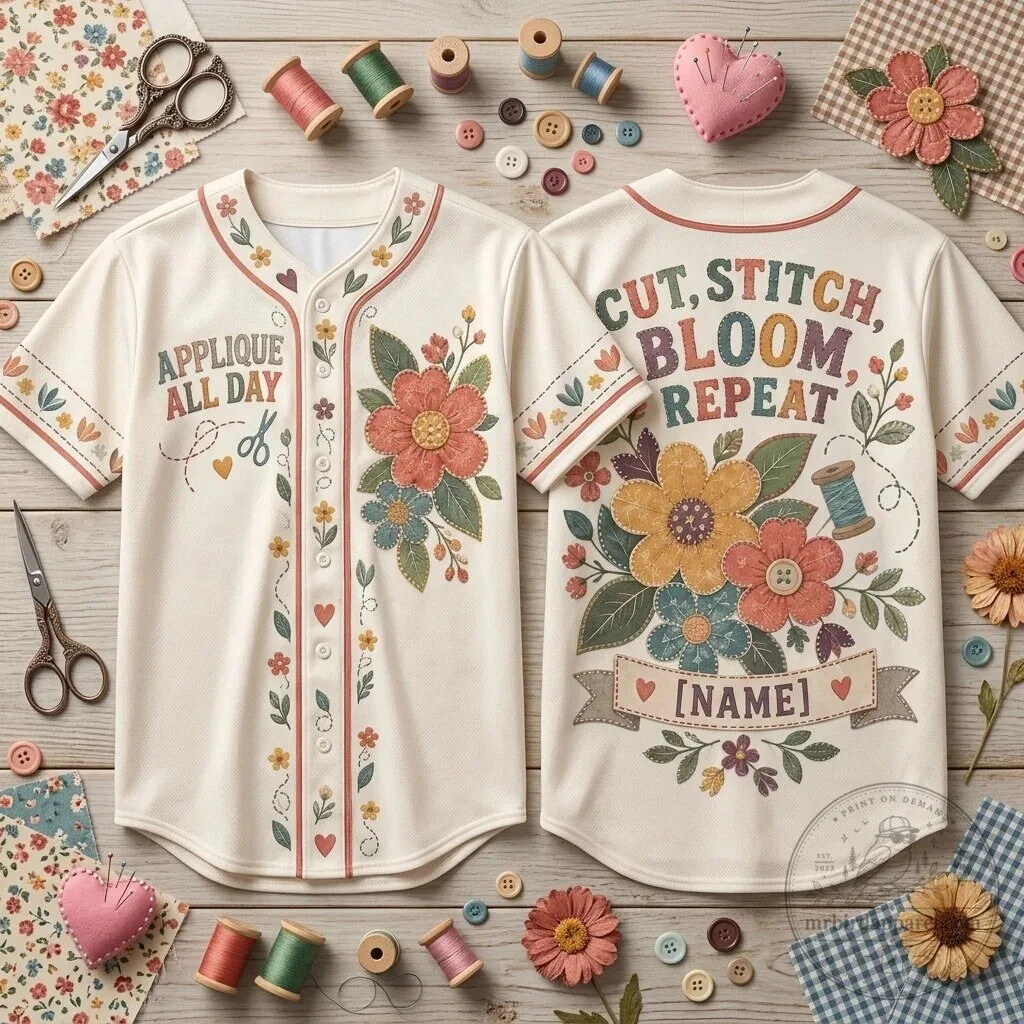 Applique All Day Cut Stitch Bloom Repeat Personalized Floral Baseball Jersey