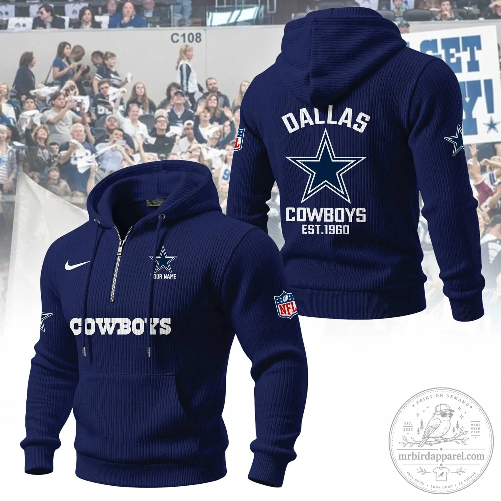 Dallas Cowboys NFL Team Quarter-Zip Hoodie with Star Logo and Established Date 12 Dallas Cowboys NFL Team Quarter-Zip Hoodie with Star Logo and Established Date