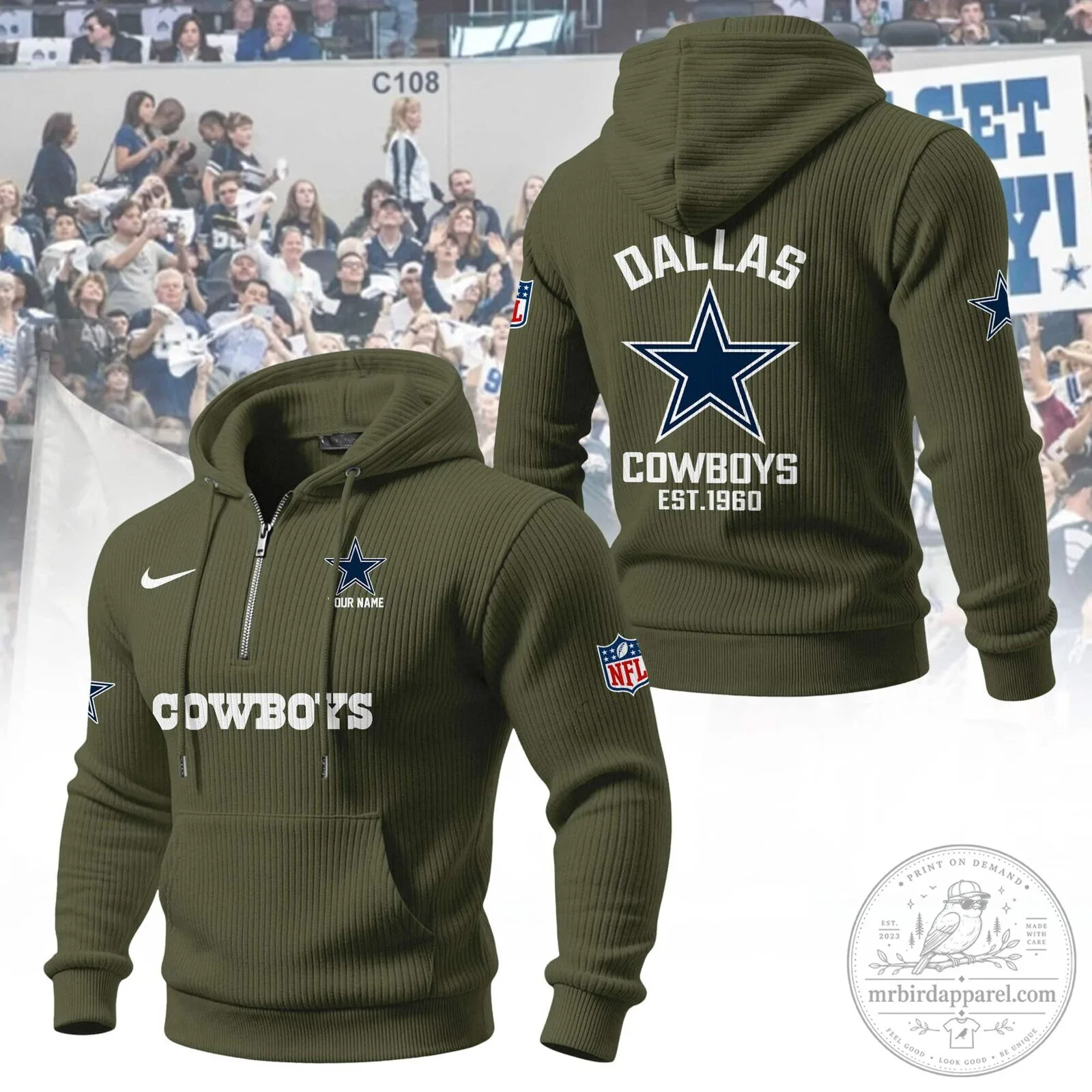 Dallas Cowboys NFL Team Quarter-Zip Hoodie with Star Logo and Established Date 14 Dallas Cowboys NFL Team Quarter-Zip Hoodie with Star Logo and Established Date