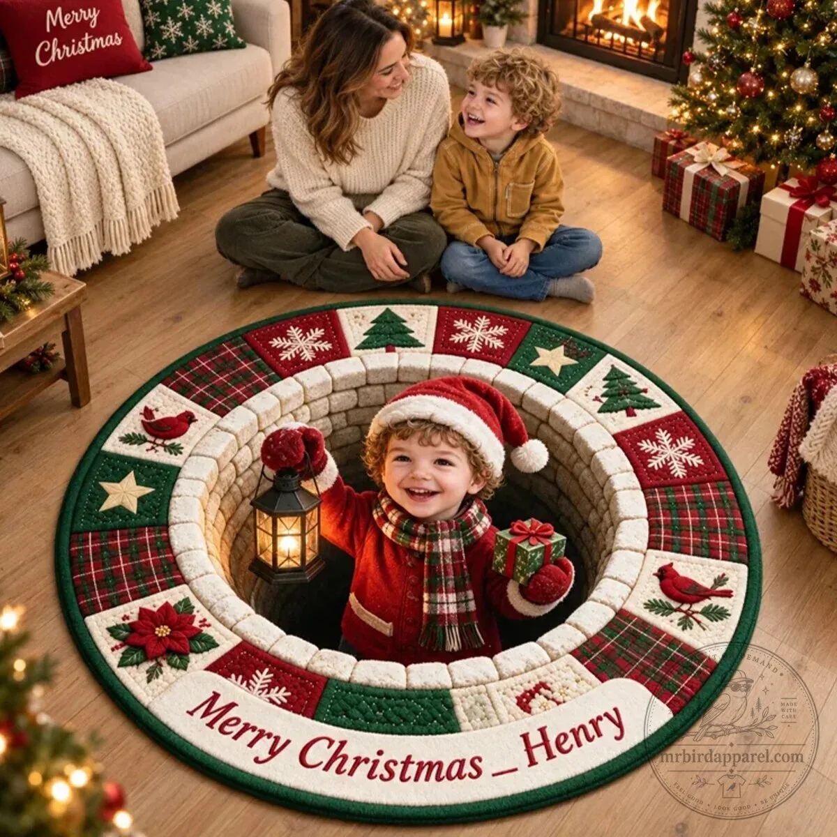 Personalized Merry Christmas Henry Round Doormat with Festive Plaid Design