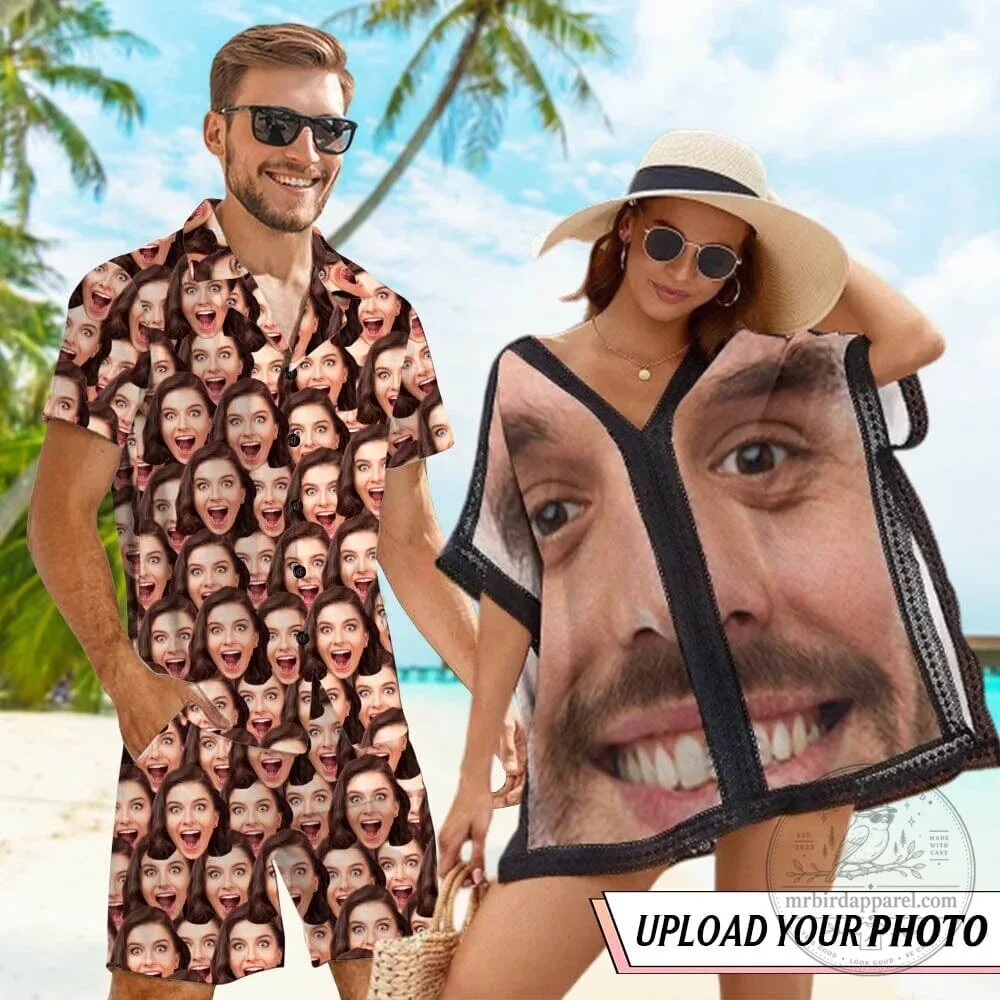 Custom Face Photo Print Hawaiian Shirt and Beach Cover Up Set