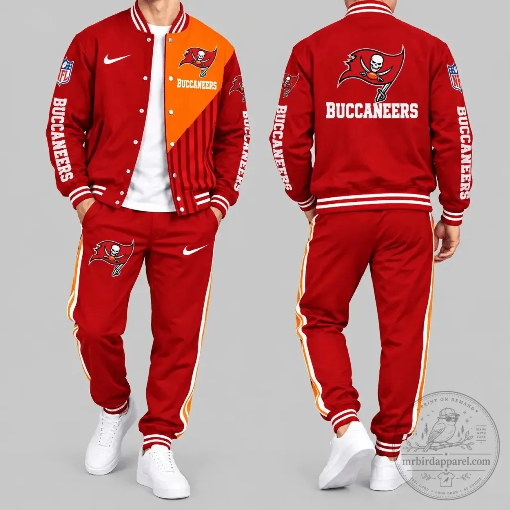 Tampa Bay Buccaneers Split Panel Baseball Jacket and Jogger Pants Set Tampa Bay Buccaneers Split Panel Baseball Jacket and Jogger Pants Set