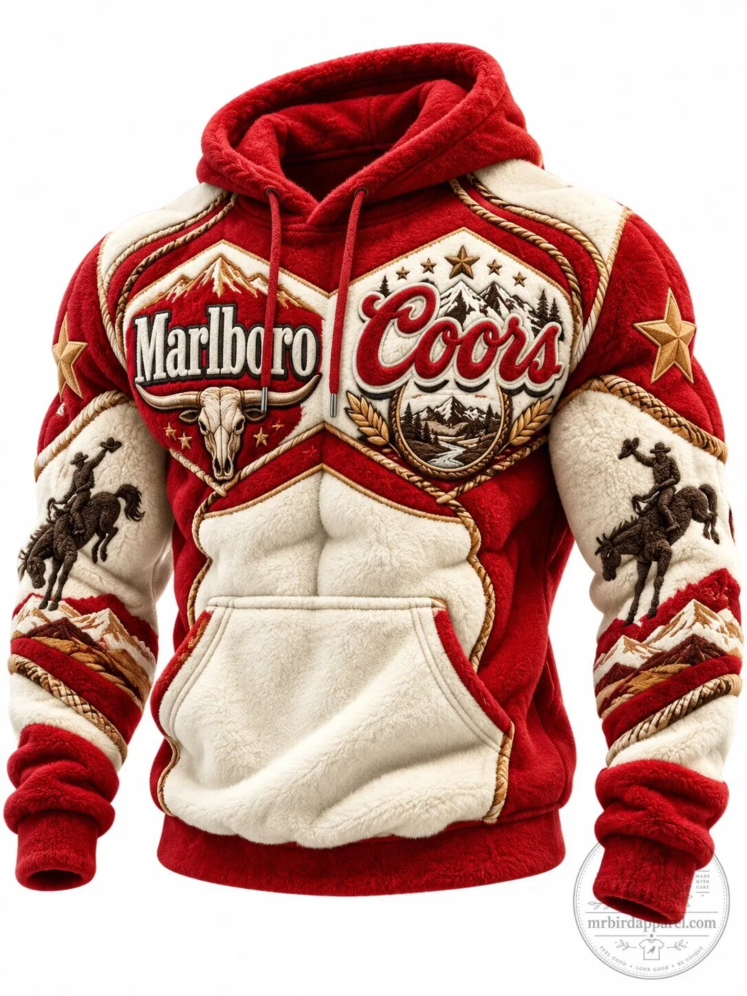 Marlboro Coors Cowboy Western Style Red and White Fleece Hoodie
