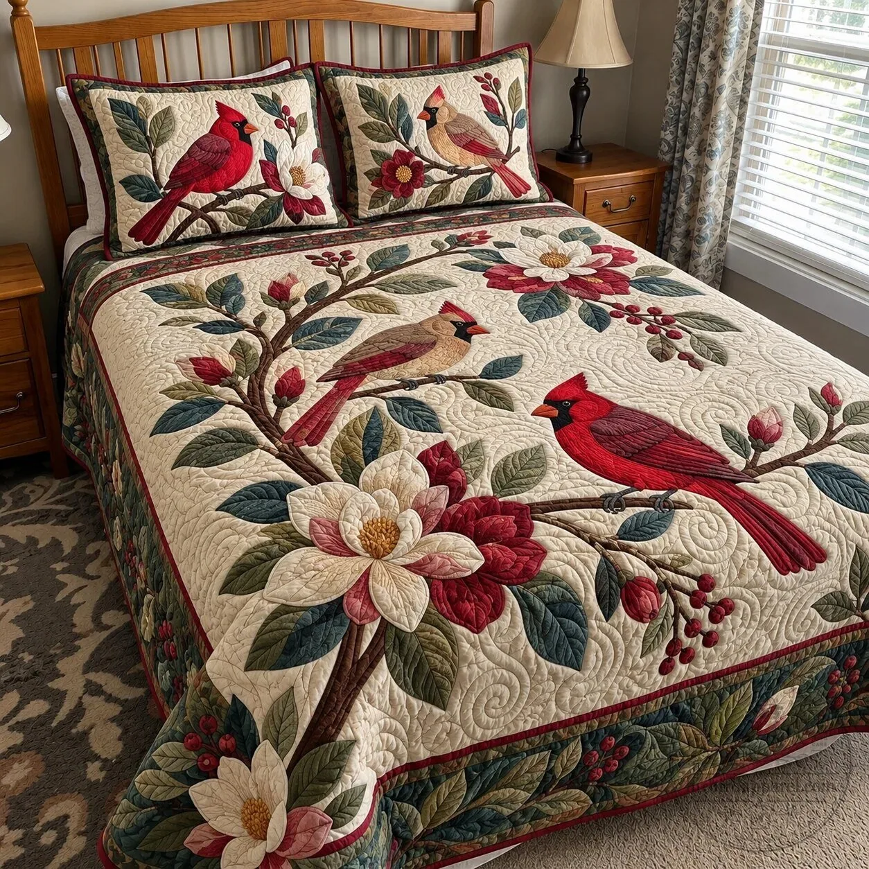 Cardinal Bird and Magnolia Flower Quilted Bedding Set with Pillow Shams
