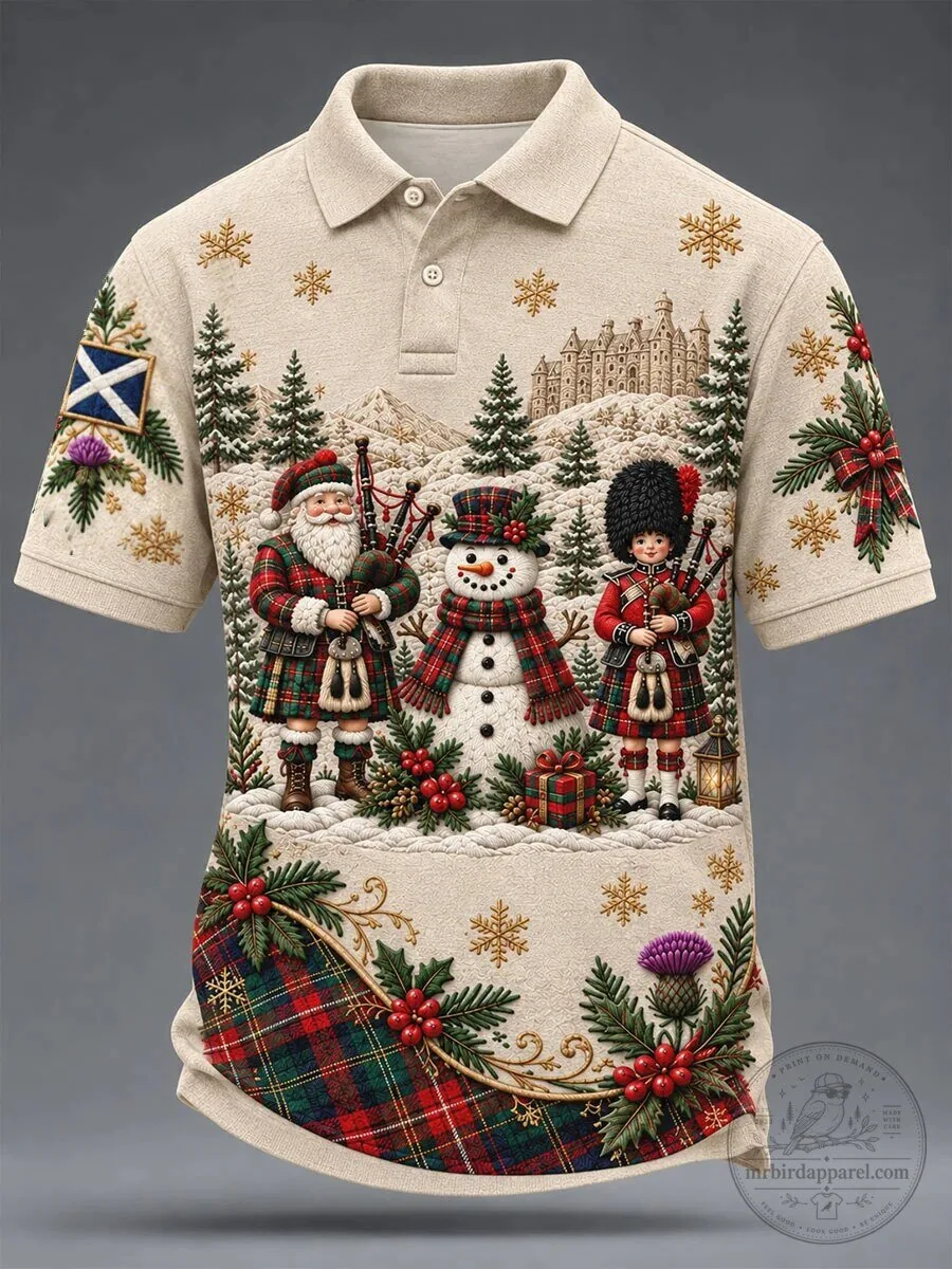 Scottish Christmas Santa Claus Snowman Bagpiper Winter Holiday Polo Shirt