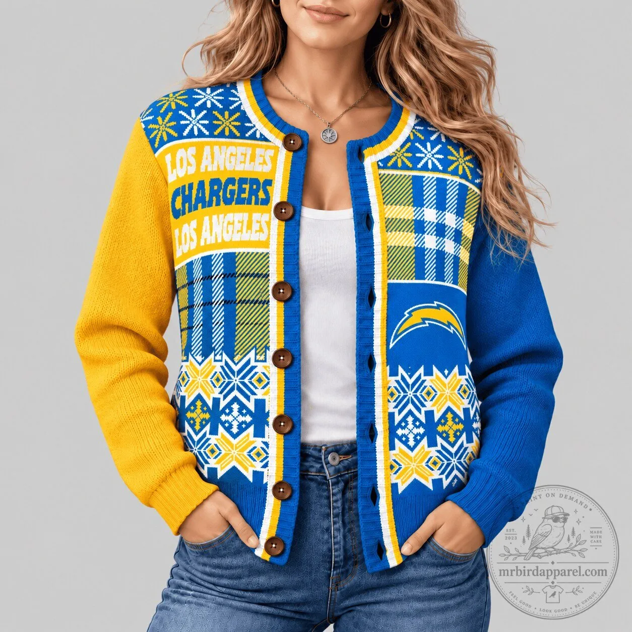 Los Angeles Chargers NFL Fair Isle Plaid Knit Cardigan Sweater