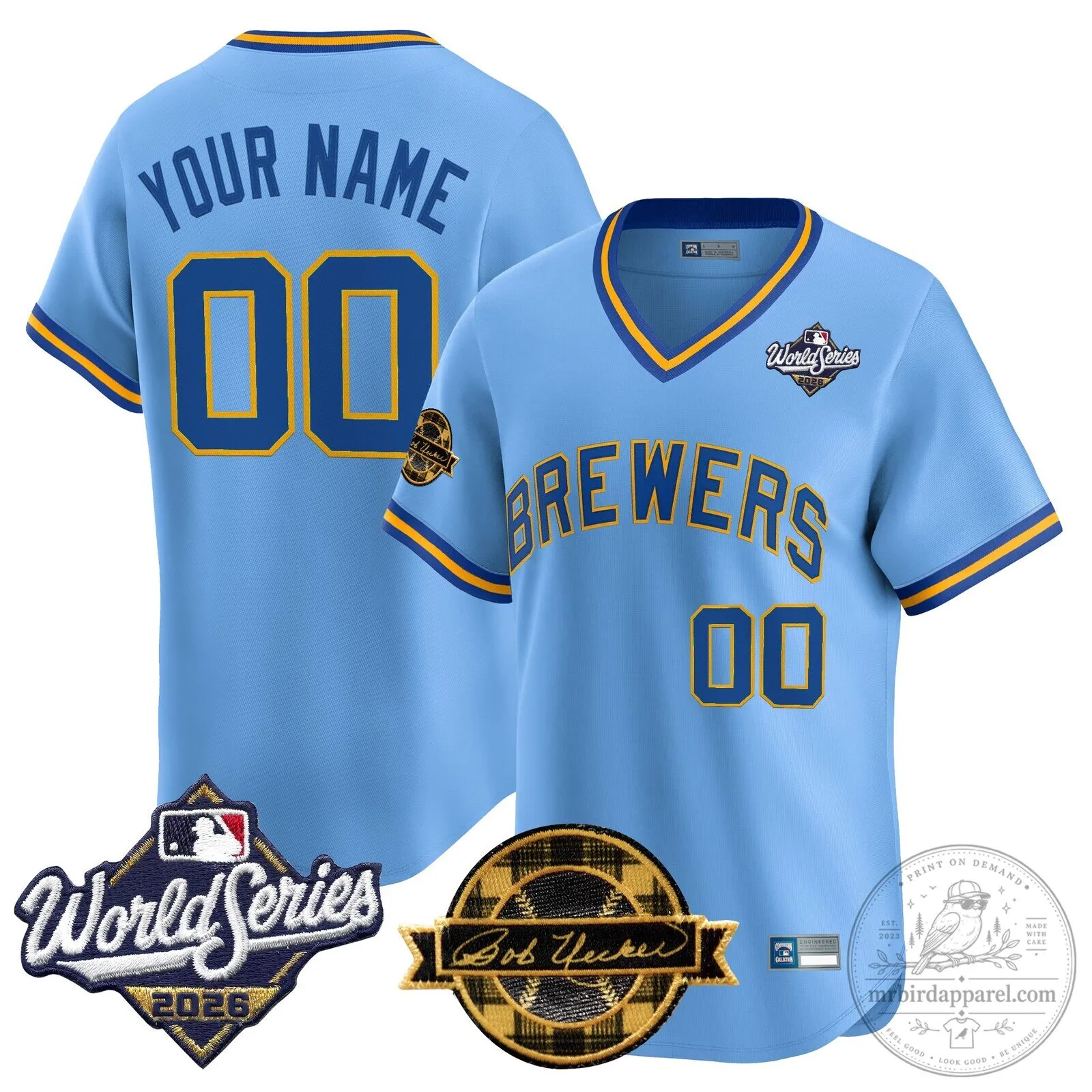 Milwaukee Brewers Light Blue Throwback Custom Baseball Jersey with World Series Patch