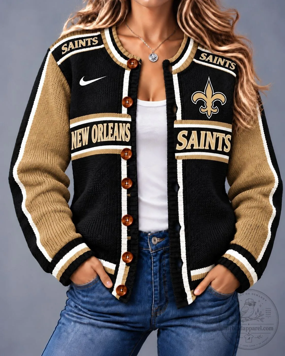 New Orleans Saints NFL Football Team Black and Gold Varsity Cardigan Jacket