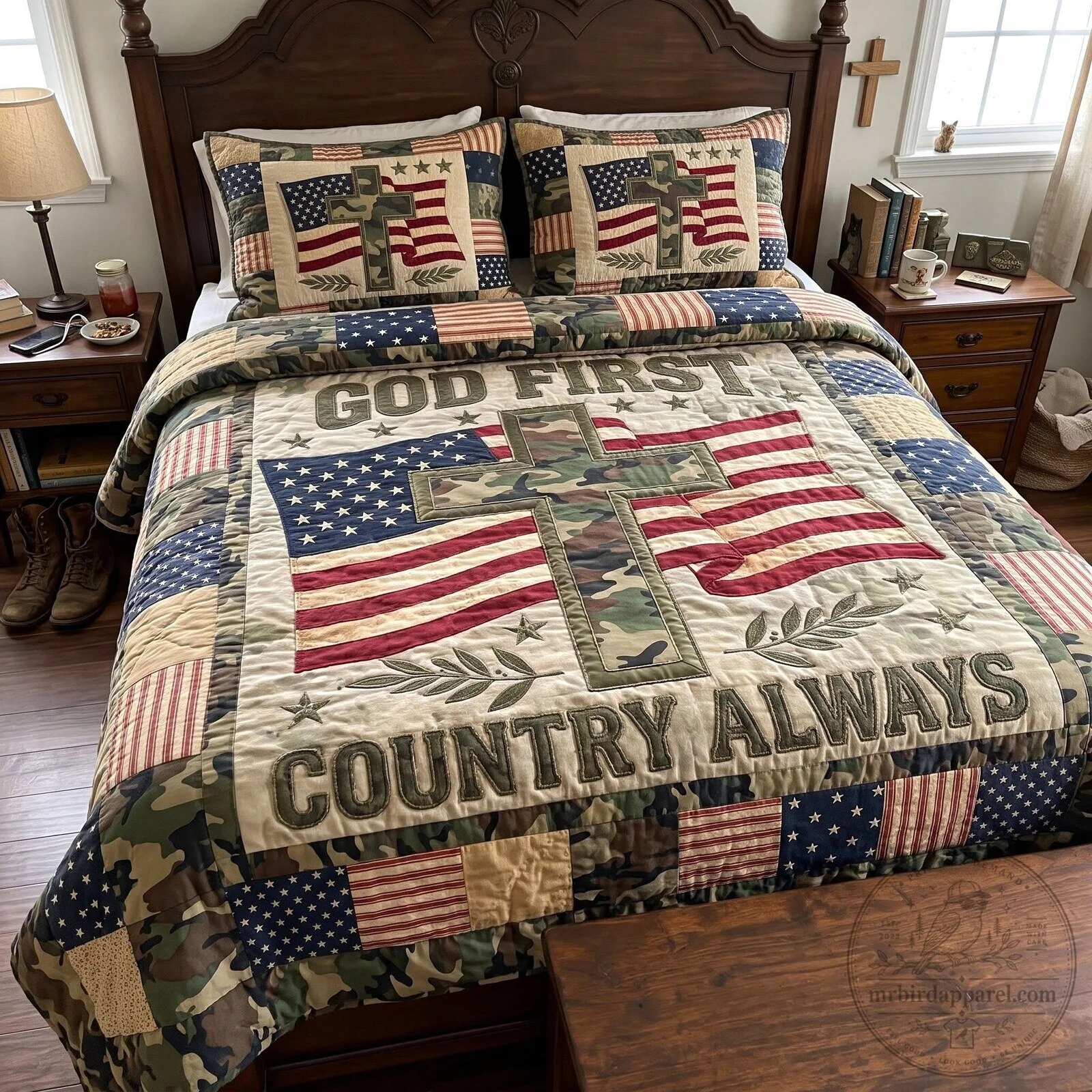 God First Country Always Christian Veteran Quilted Bedding Set